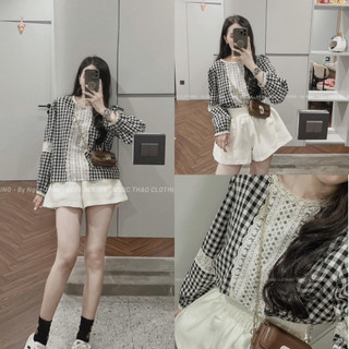 Set áo kẻ dài tay phối ren cao cấp, kèm quần sooc tacta trắng siêu xinh