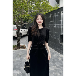 Váy nhung xoắn bụng hở 1 bên