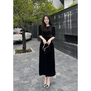 Váy nhung xoắn bụng hở 1 bên