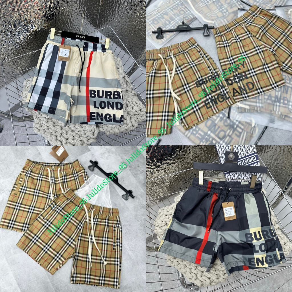 Quần short gió nam BBR hoạ tiết kẻ sọc màu dập chữ Burberry London England ngang đùi cao cấp QS112P