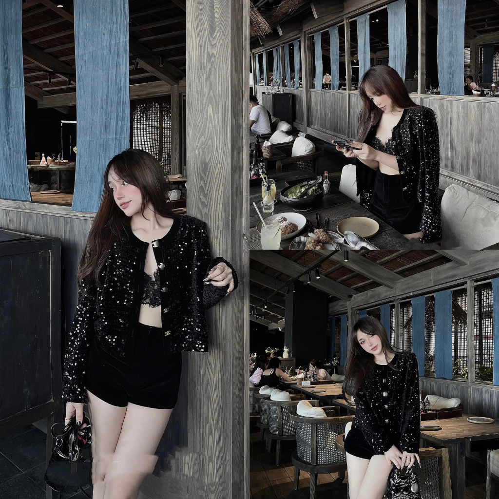Set Áo Khoác Nhũ Kim Sa 2 Lớp, Mix Quần Sooc Nhung Siêu Tone Dáng