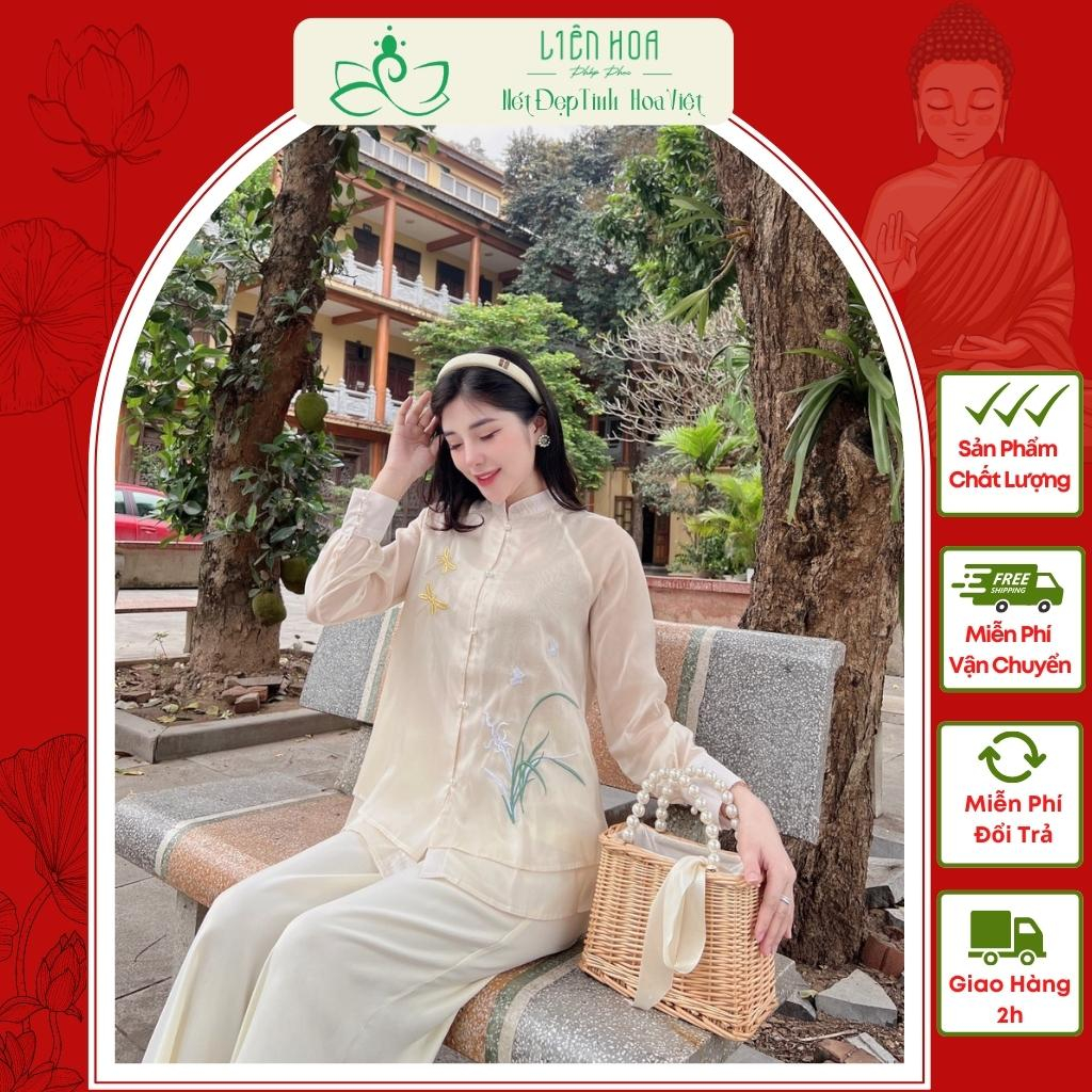 Đồ Lam Đi Chùa Liên Hoa, Set Lam Phật Tử Thanh Liễu Thêu Hoa - Pháp Phục Liên Hoa