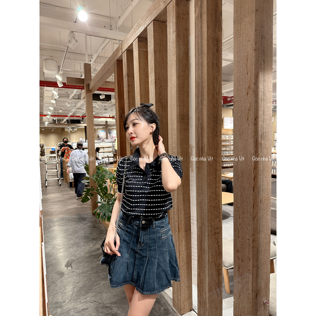 Áo thun cổ polo tay ngắn basic, Chân váy Jeans dáng ngắn