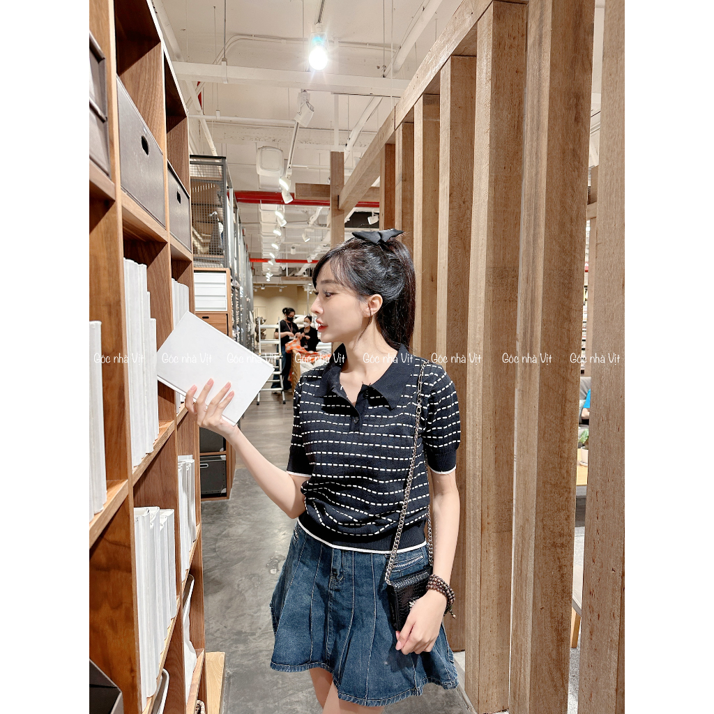 Áo thun cổ polo tay ngắn basic, Chân váy Jeans dáng ngắn