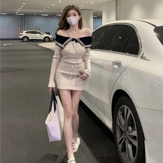 Váy len body trễ vai cài nút quyến rũ thời trang thu đông dệt kim