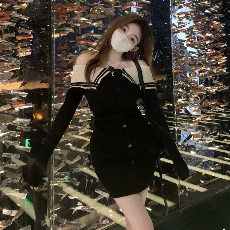 Váy len body trễ vai cài nút quyến rũ thời trang thu đông dệt kim