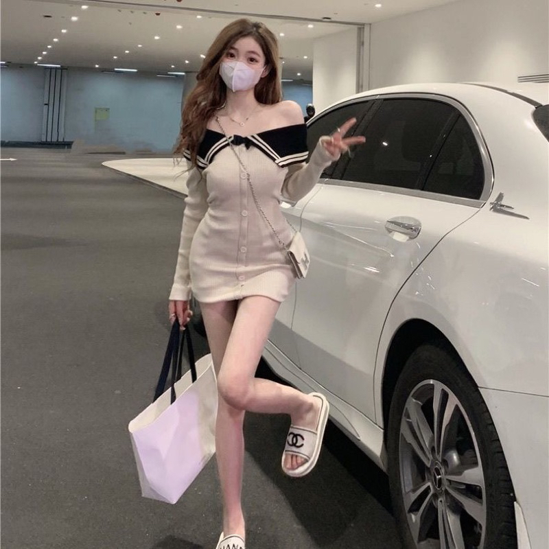 Váy len body trễ vai cài nút quyến rũ thời trang thu đông dệt kim