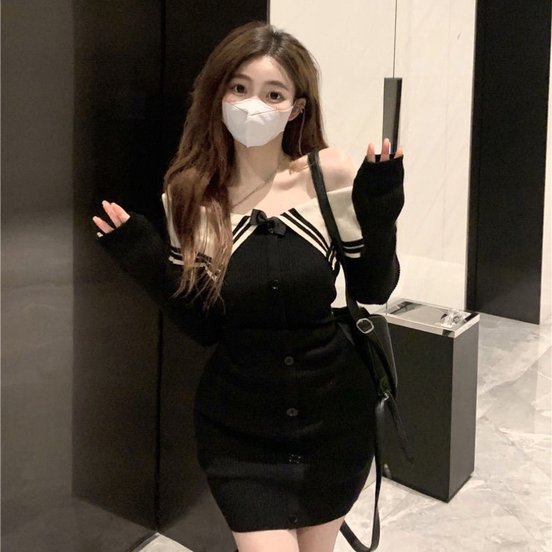 Váy len body trễ vai cài nút quyến rũ thời trang thu đông dệt kim