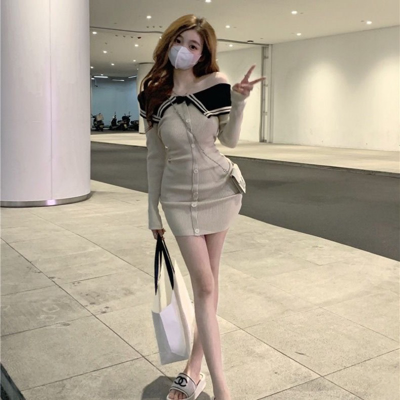 Váy len body trễ vai cài nút quyến rũ thời trang thu đông dệt kim