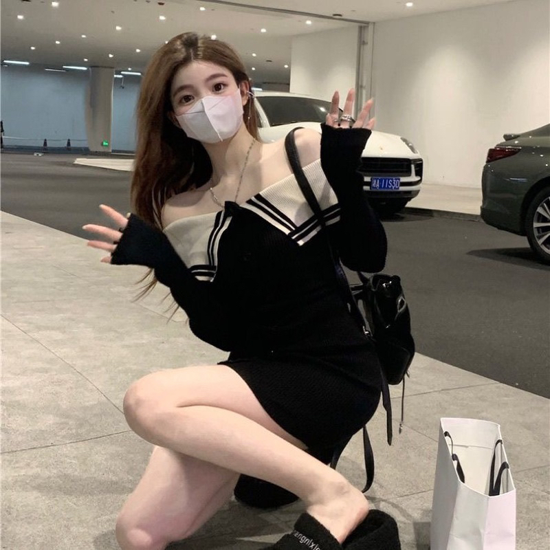 Váy len body trễ vai cài nút quyến rũ thời trang thu đông dệt kim