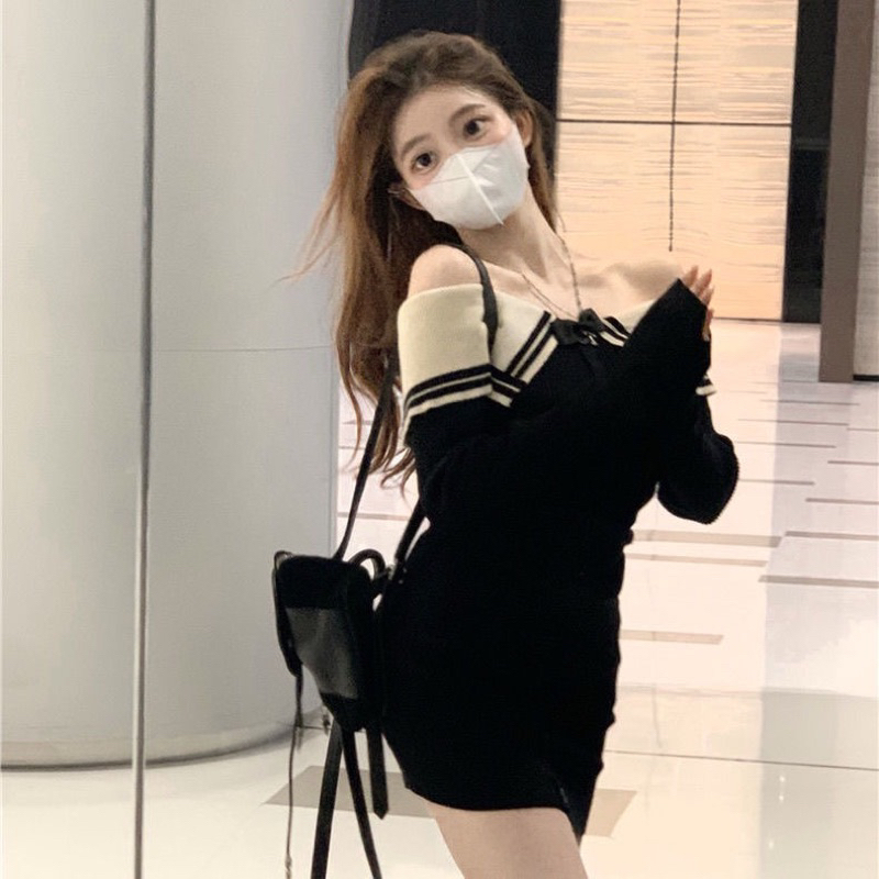 Váy len body trễ vai cài nút quyến rũ thời trang thu đông dệt kim