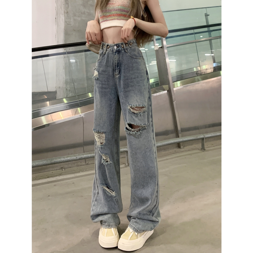 Quần jeans ống rộng rách gối , Quần bò ống rộng dáng suông lưng cao rách phong cách cháy phố 2023 D06