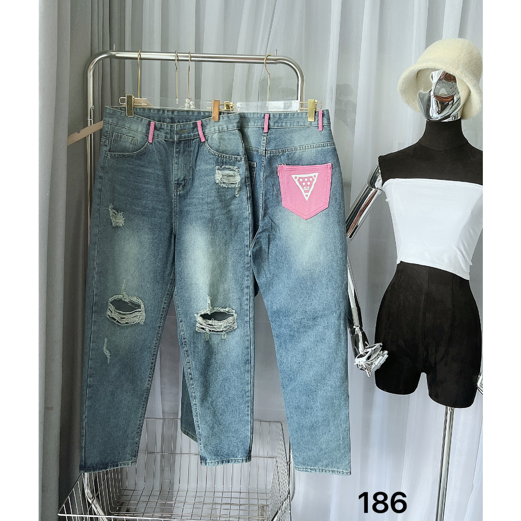 Quần baggy jean nữ bigsize từ 55kg đến 85kg lưng cao phối túi màu hồng in chữ MS186 2KJEANS
