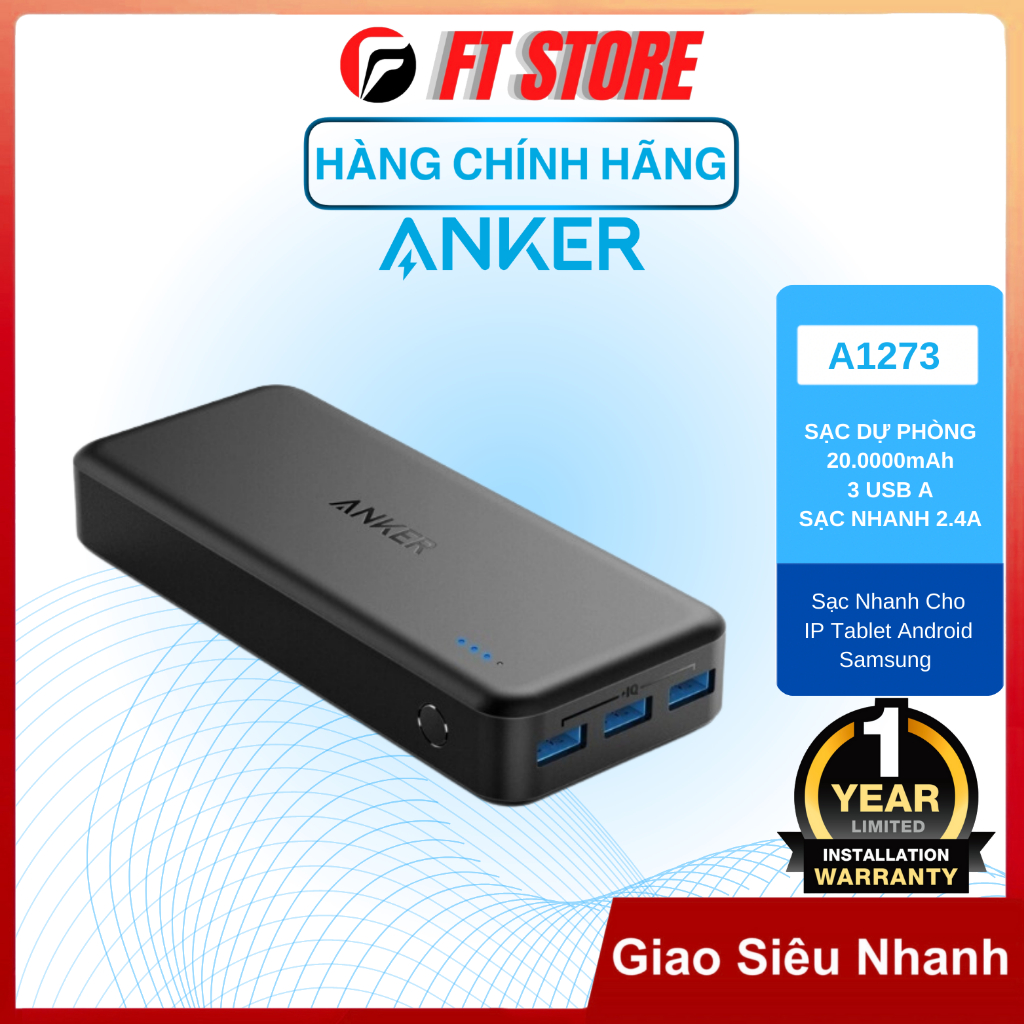Pin Dự Phòng Anker PowerCore Elite 20000mAh 3 cổng USB A sạc nhanh - A1273 BH12TH