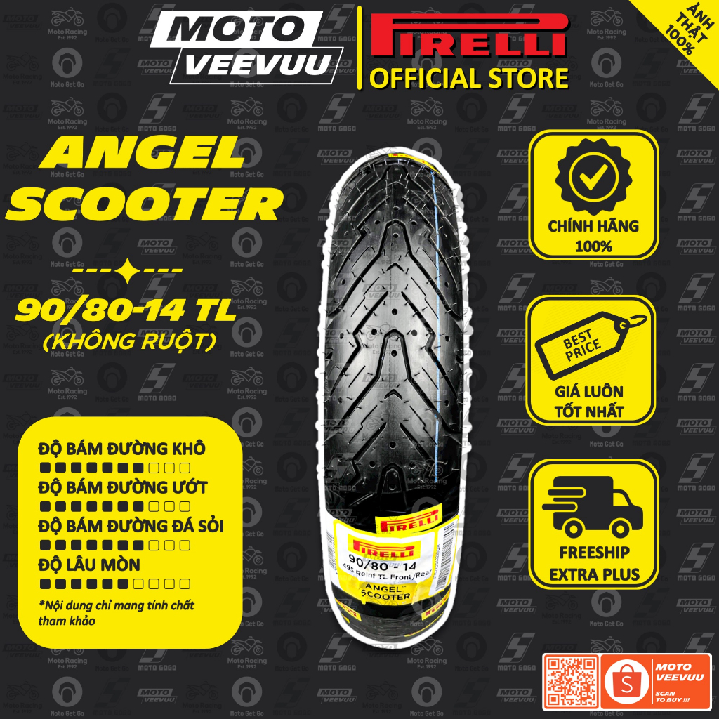 Vỏ lốp xe máy PIRELLI 90/80-14 TL Angel Scooter (Lốp không ruột)
