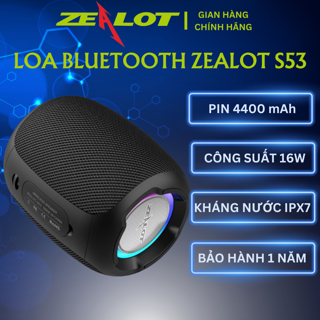 Loa Zealot S53| Loa Bluetooth Zealot Công Suất 16W, Bass mạnh, Pin 3000mAh, Kháng nước- Chính hãng, Bảo hành 12th- OBIBI
