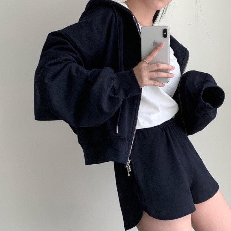 Áo Khoác Trơn Croptop. Áo Khoác Có Mũ Form Rộng Phong Cách Hàn Quốc