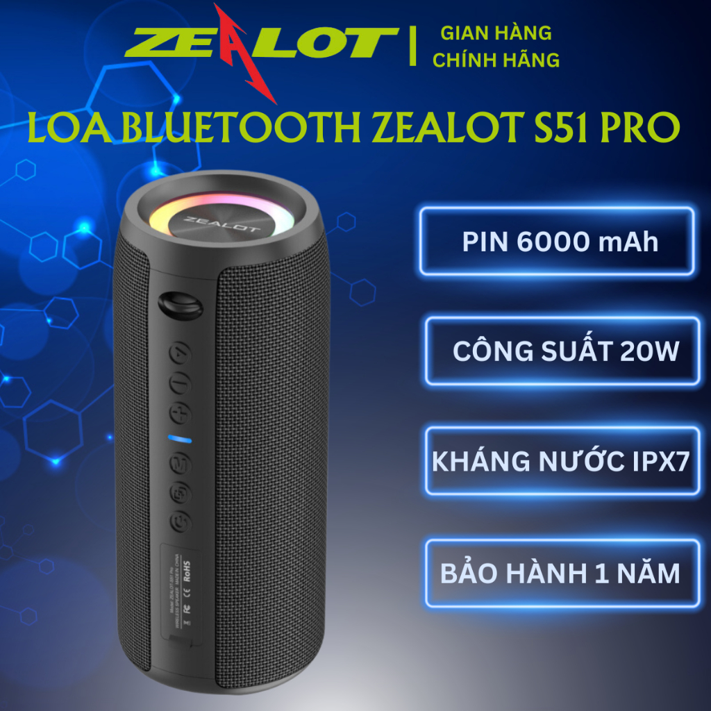 Loa Zealot S51 Pro| Loa ZEALOT Công suất 20W, Bass mạnh, Pin 6000mAh, Kháng nước - Chính hãng, Bảo hành 12th - OBIBI