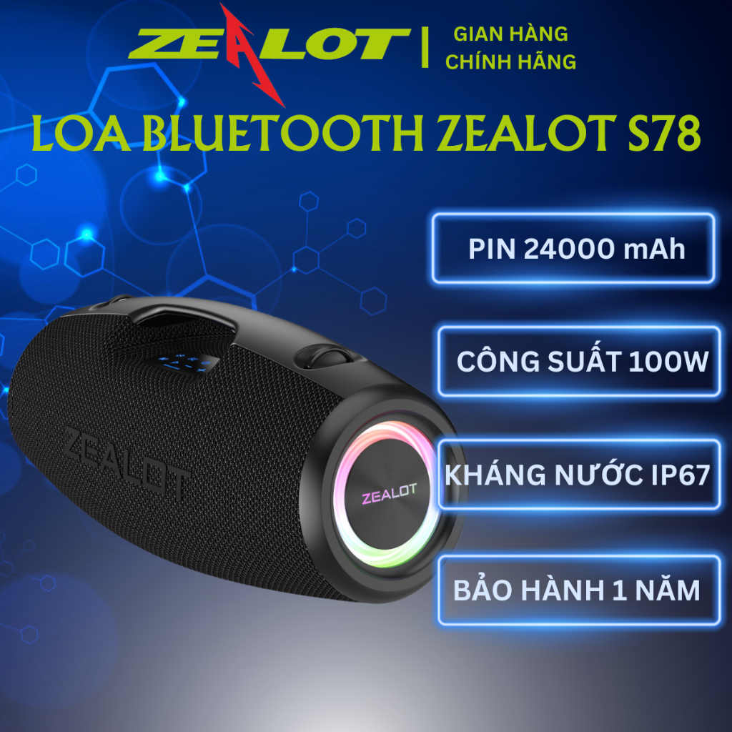 Loa Bluetooth Zealot S78| Loa Công suất 100W, Bass Mạnh, Pin Trâu 24000mAh, Kháng nước- Chính hãng, Bảo hành 12th- OBIBI
