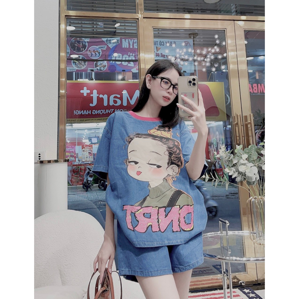 Sét Bộ Đùi Nữ Phối Hình Cô Gái Hot Hit Mix Quần Sooc Đùi Bò Ống Rộng_LR146