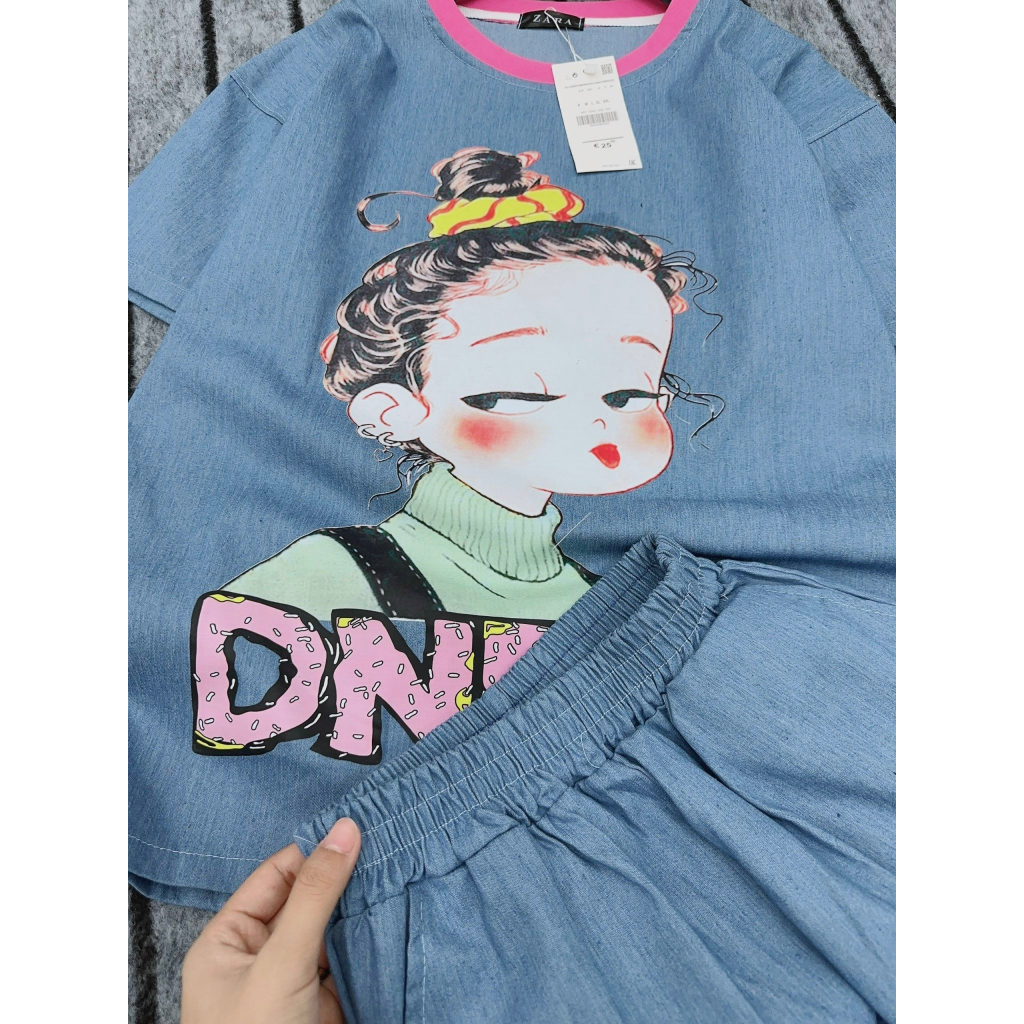 Sét Bộ Đùi Nữ Phối Hình Cô Gái Hot Hit Mix Quần Sooc Đùi Bò Ống Rộng_LR146