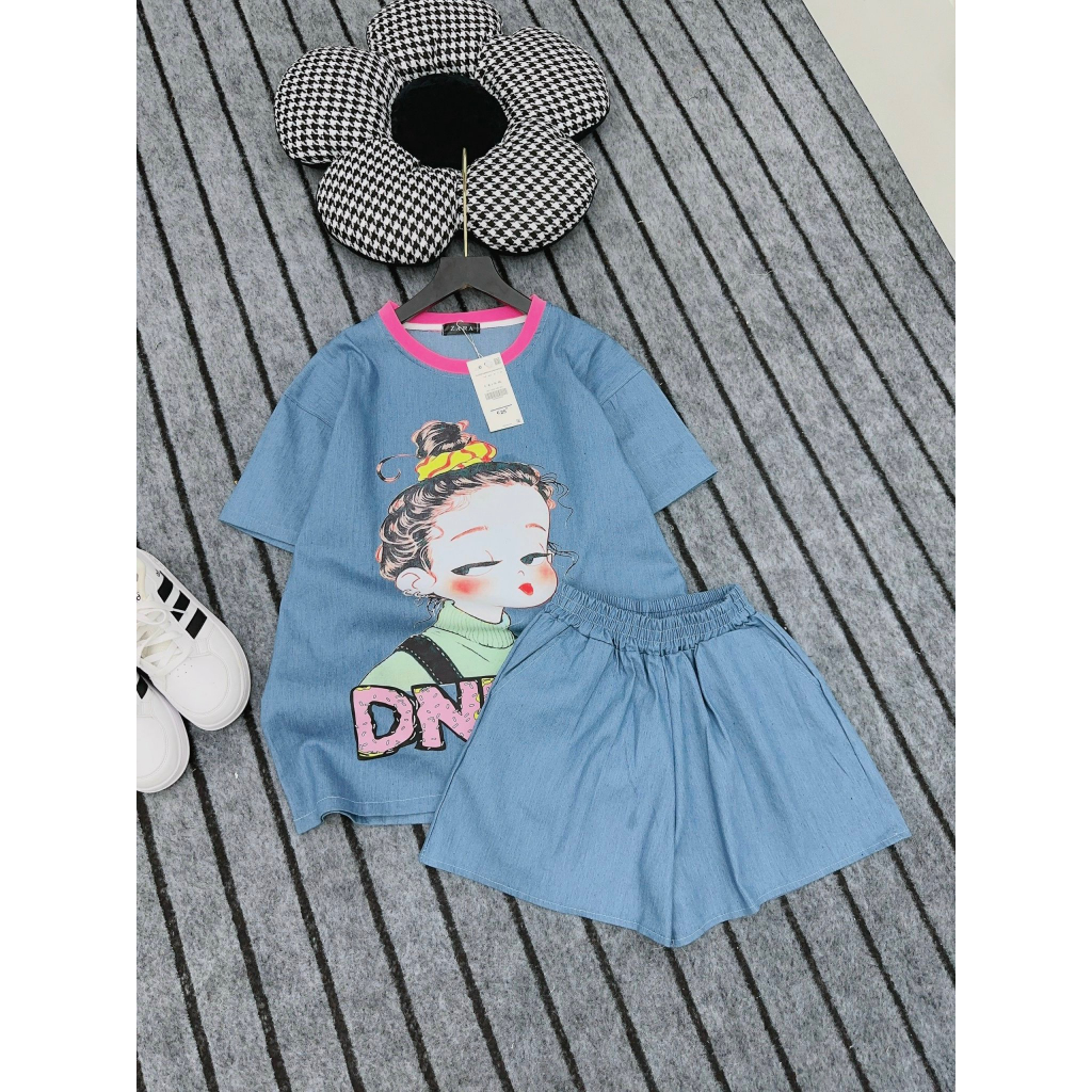 Sét Bộ Đùi Nữ Phối Hình Cô Gái Hot Hit Mix Quần Sooc Đùi Bò Ống Rộng_LR146