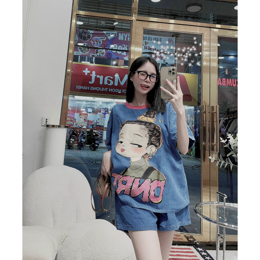 Sét Bộ Đùi Nữ Phối Hình Cô Gái Hot Hit Mix Quần Sooc Đùi Bò Ống Rộng_LR146