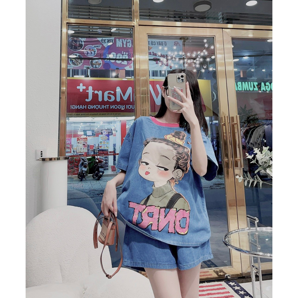 Sét Bộ Đùi Nữ Phối Hình Cô Gái Hot Hit Mix Quần Sooc Đùi Bò Ống Rộng_LR146