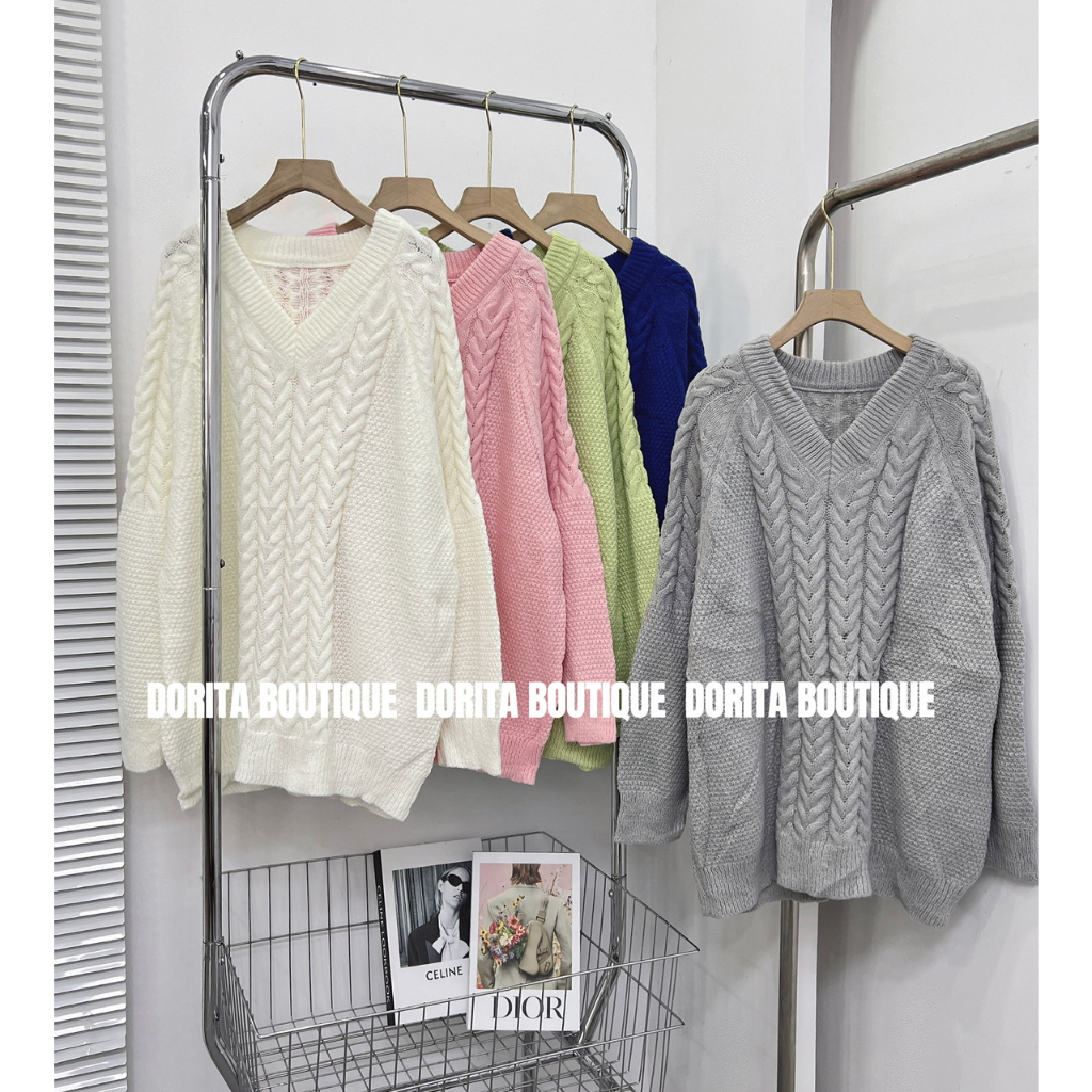 Áo len cổ V dáng oversize tone màu basic Hàn Quốc Mã 1212