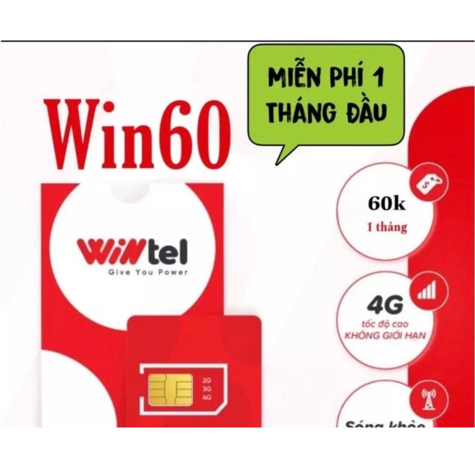 Sim 4G Data không giới hạn Wintel WIN60 miễn phí tháng đầu kèm que chọc sim miễn phí