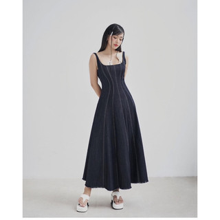 Đầm hai dây jean đạp chỉ 9 mảnh dáng dài xoè basic