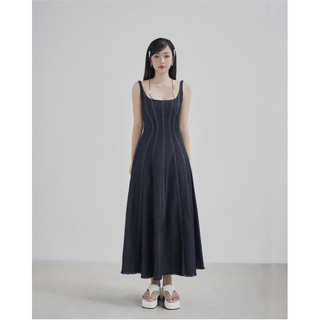 Đầm hai dây jean đạp chỉ 9 mảnh dáng dài xoè basic
