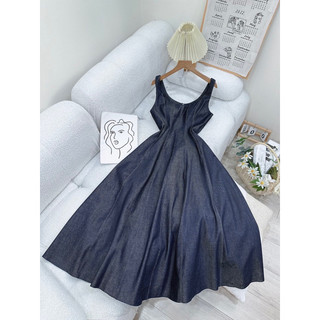 Đầm hai dây jean đạp chỉ 9 mảnh dáng dài xoè basic