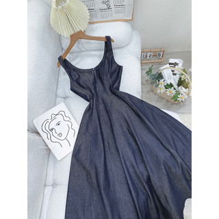 Đầm hai dây jean đạp chỉ 9 mảnh dáng dài xoè basic