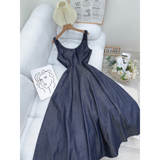 Đầm hai dây jean đạp chỉ 9 mảnh dáng dài xoè basic