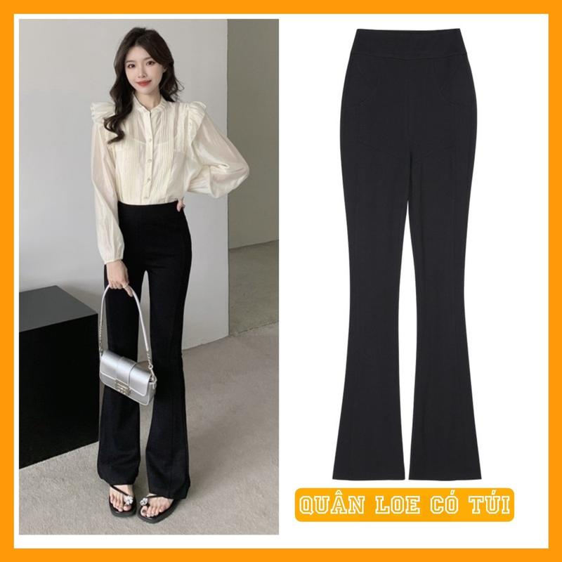 Quần ống loe có túi legging cotton nữ lưng cao co dãn / hách chân tôn dáng