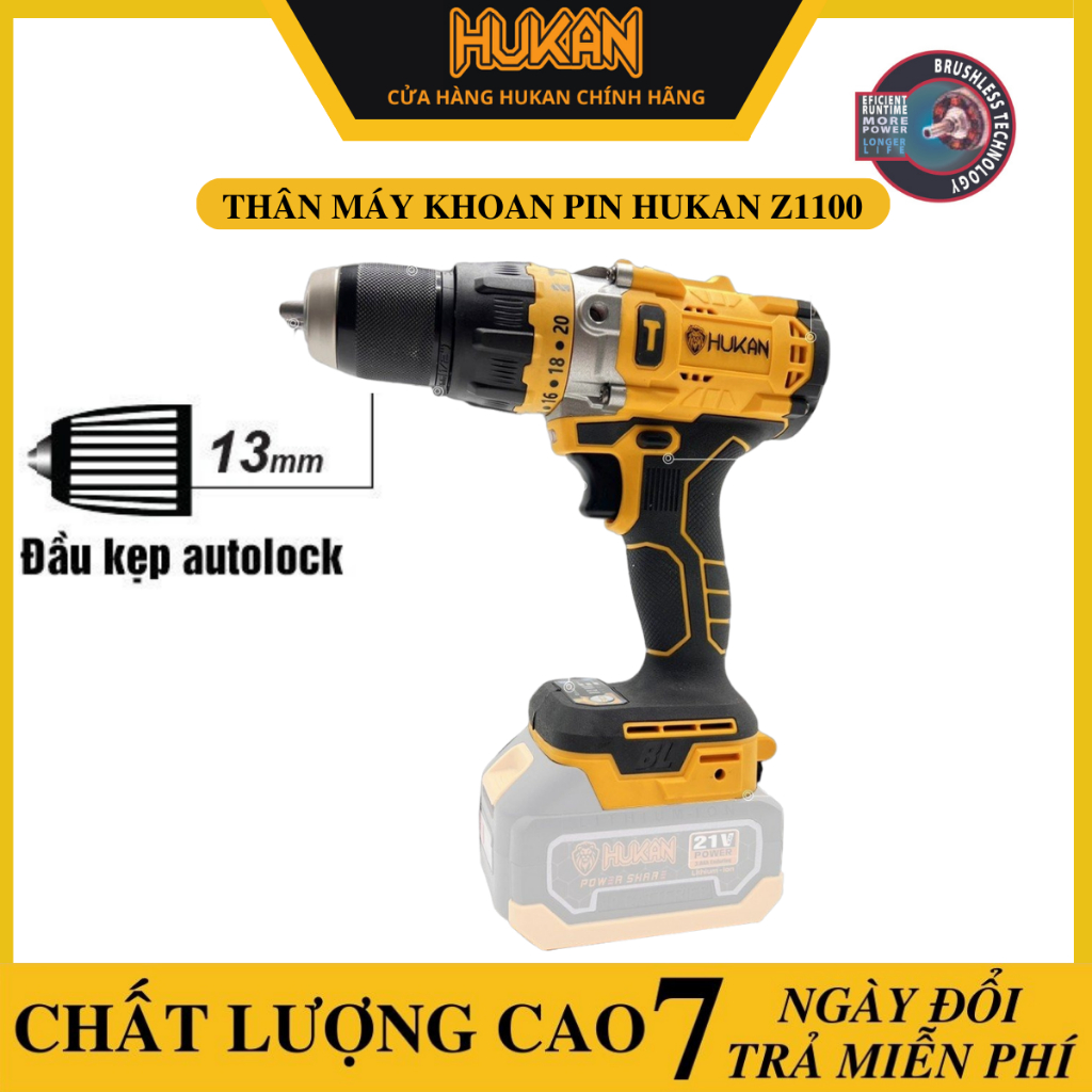 Thân Máy Khoan Pin HUKAN Z1100 - Không chổi than lực siết 80Nm - Đầu 13mm autolock - Khóa trục