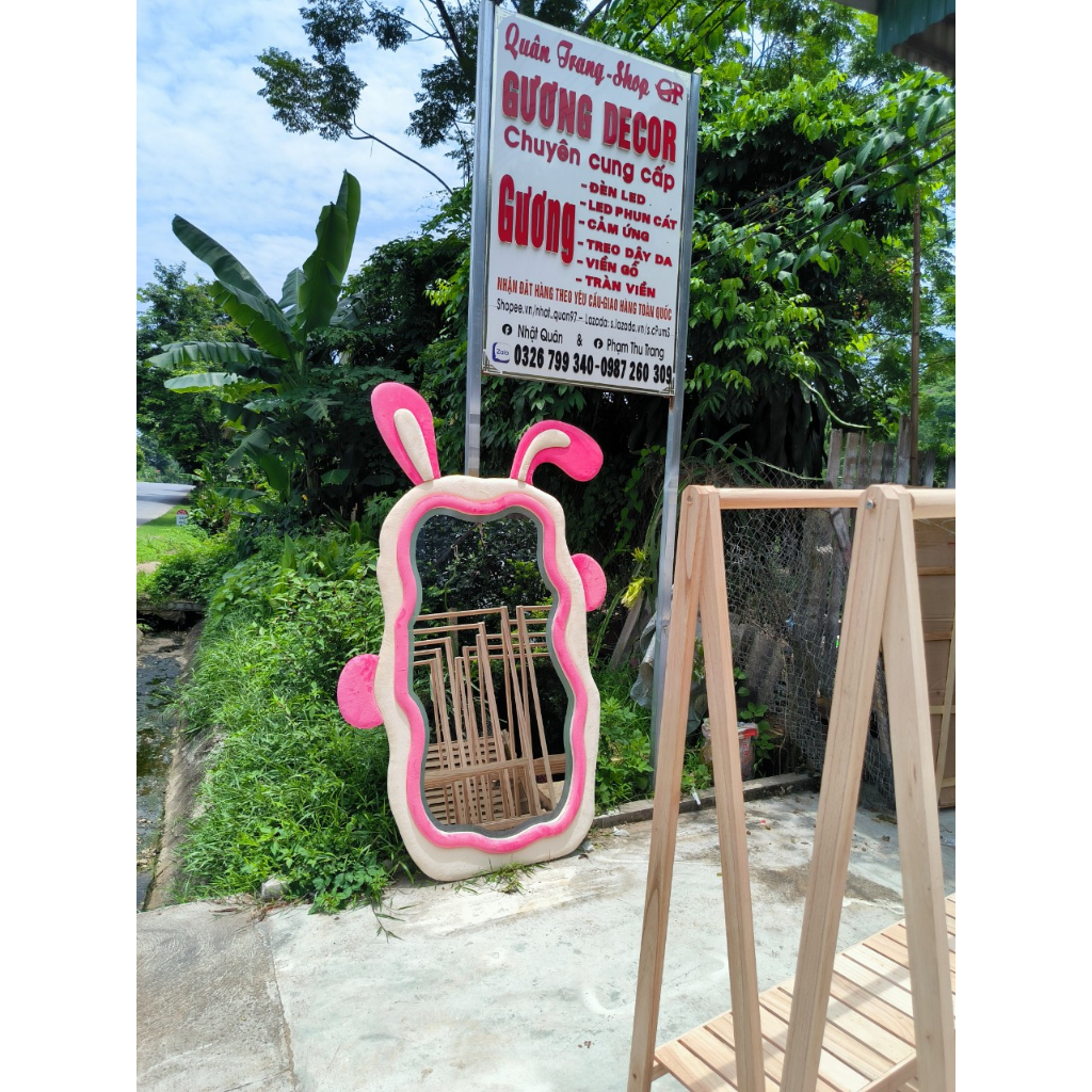 Gương bọc nỉ hình thỏ cao cấp, gương toàn thân bọc nỉ nhung kích thước 120x200cm
