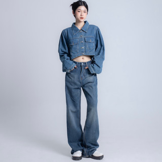 Áo khoác bò denim kèm quần jeans ống rộng Azure SET