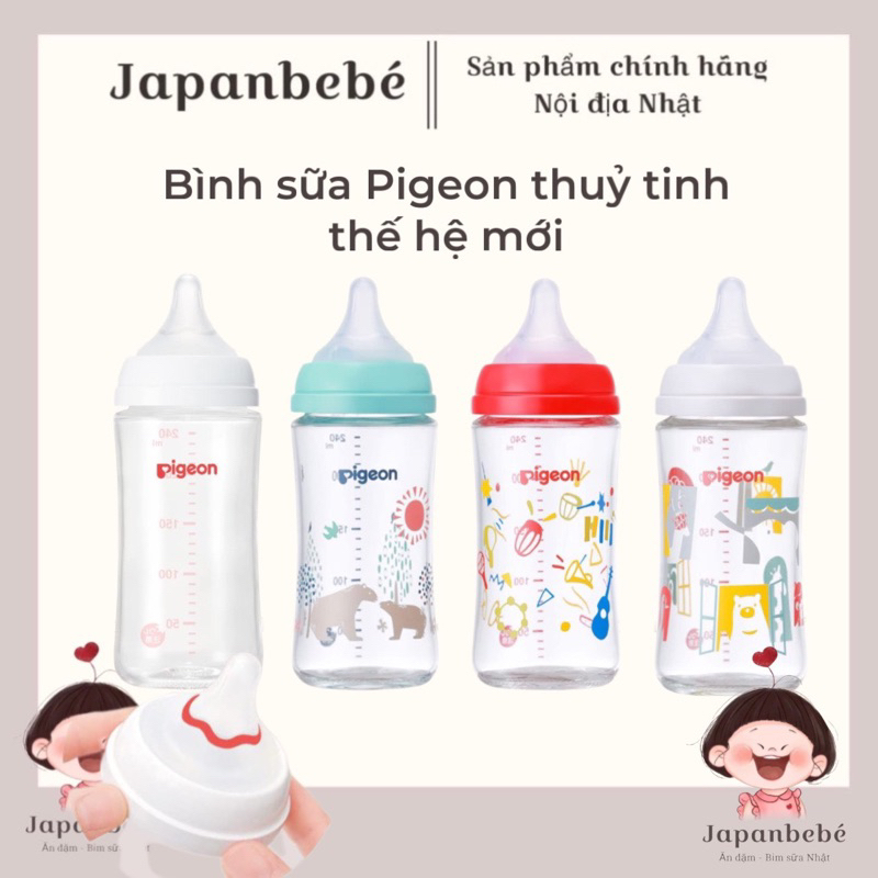 BÌNH SỮA PIGEON THUỶ TINH CỔ RỘNG thế hệ 3 160ml/240ml ( nội địa Nhật)