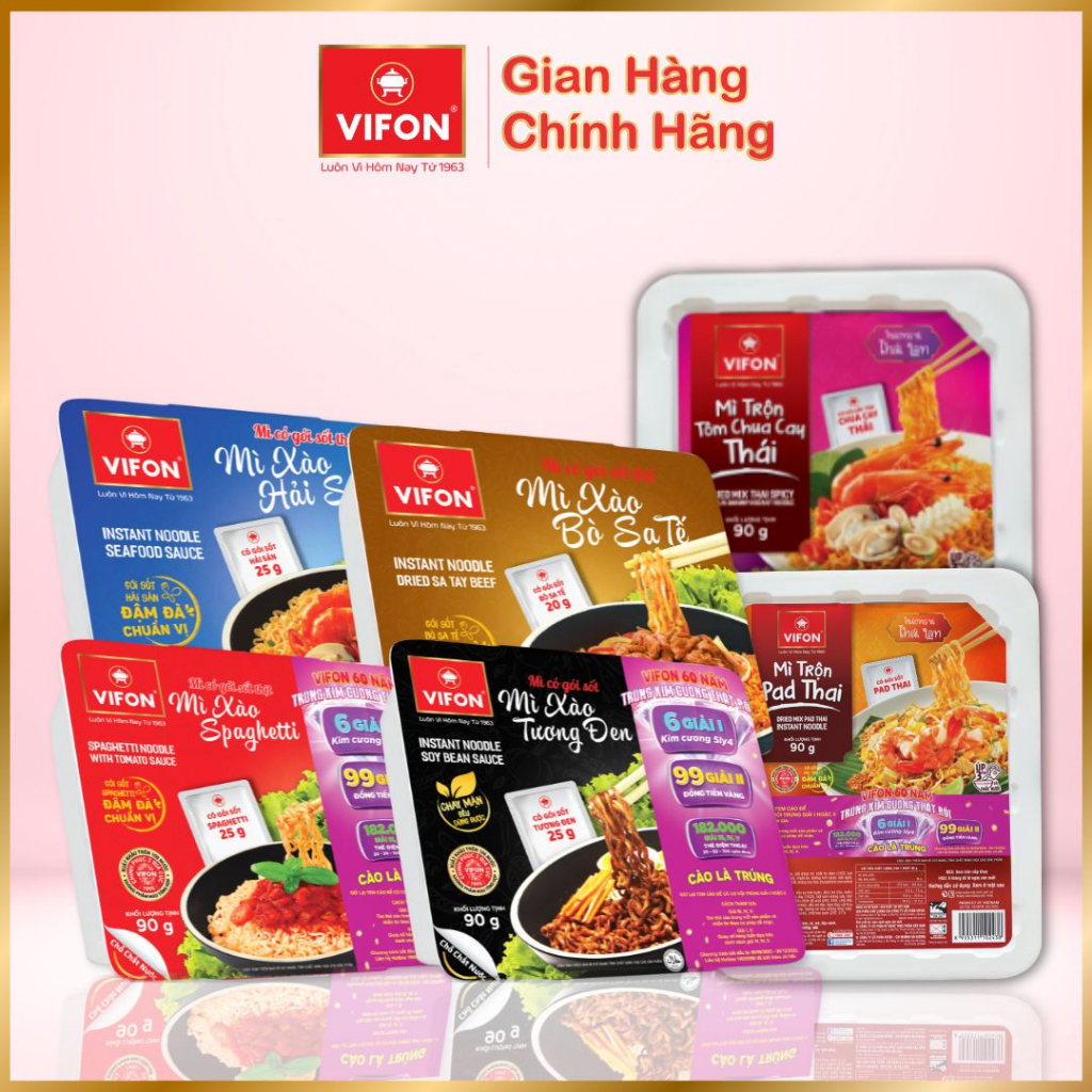 Combo 5 Khay Mì Xào Tương Đen/Bò Xào Sate/Mì Xào Hải Sản/Mì Xào Spaghetti/Mì Trộn Pad Thái/Tôm Chua Cay Thái VIFON 90g