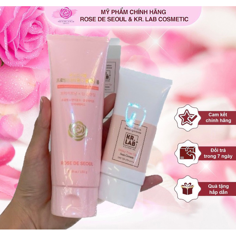 COMBO Kem Chống Nắng phổ rộng Kr.lab SPF 50+ và Sữa rửa mặt chiết xuất hoa hồng Rose de Seoul 150g