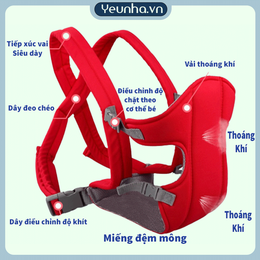 Yeunha.vn - Địu Bé Cao Cấp Chống Gù Có Tựa Đầu Chuẩn Tư Thế Thoáng Khí Cao Cấp - Yêu Nhà Chính Hãng