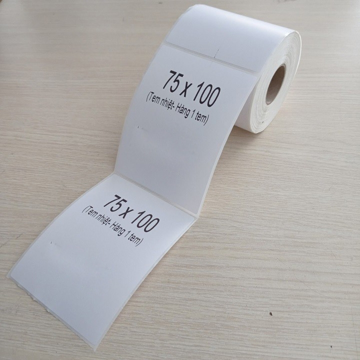 Giấy decal nhiệt A7 in đơn hàng khổ giấy 75x100mm cuộn 30 mét và 25 mét - Decal bóc dán tự dính