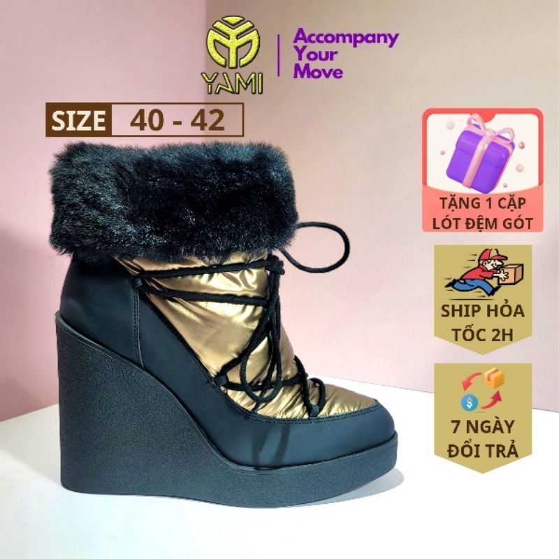Giày Boot Nữ Big Size, Boot Nữ Đế Xuồng 9 Phân Cổ Lông Da Lộn Màu Đen Size 40 41 42, Bốt Da Nữ Hàng Hiệu Xuất Dư - YAMI