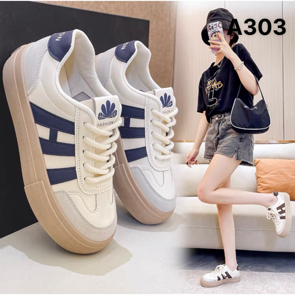 Giày thể thao mũi tròn đế nâu 3 sọc đi học đi chơi phong cách cá tính