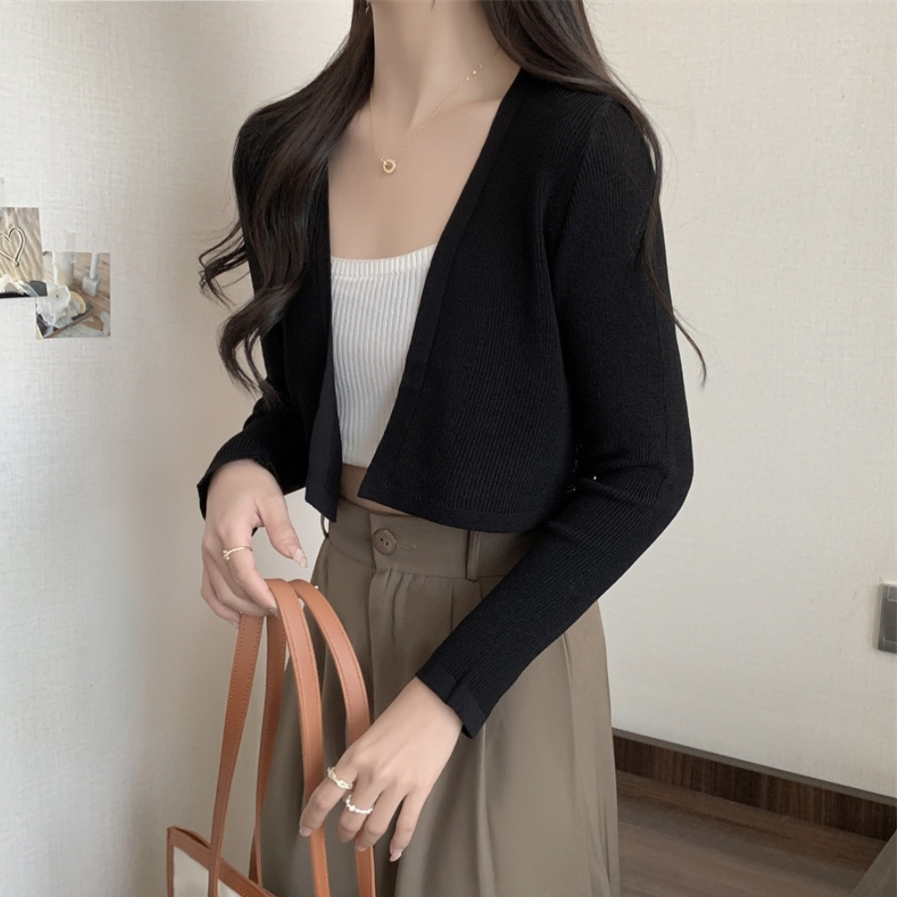 Áo Cadigan mỏng tay dài chất liệu tăm gân co dãn thời trang mùa thu phong cách Hàn Quốc | BigBuy360 - bigbuy360.vn