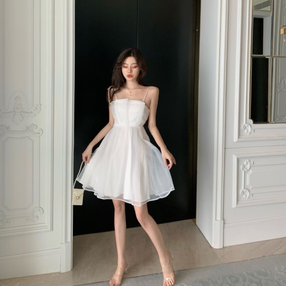 Váy voan xếp li 2 lớp bánh bèo có sẵn đệm ngực, váy cúp ngực tiểu thư | BigBuy360 - bigbuy360.vn