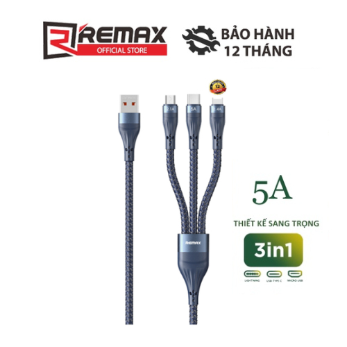 Cáp sạc đa năng 3 in 1 Remax RC-199th bọc dù chống đứt gãy max 5A