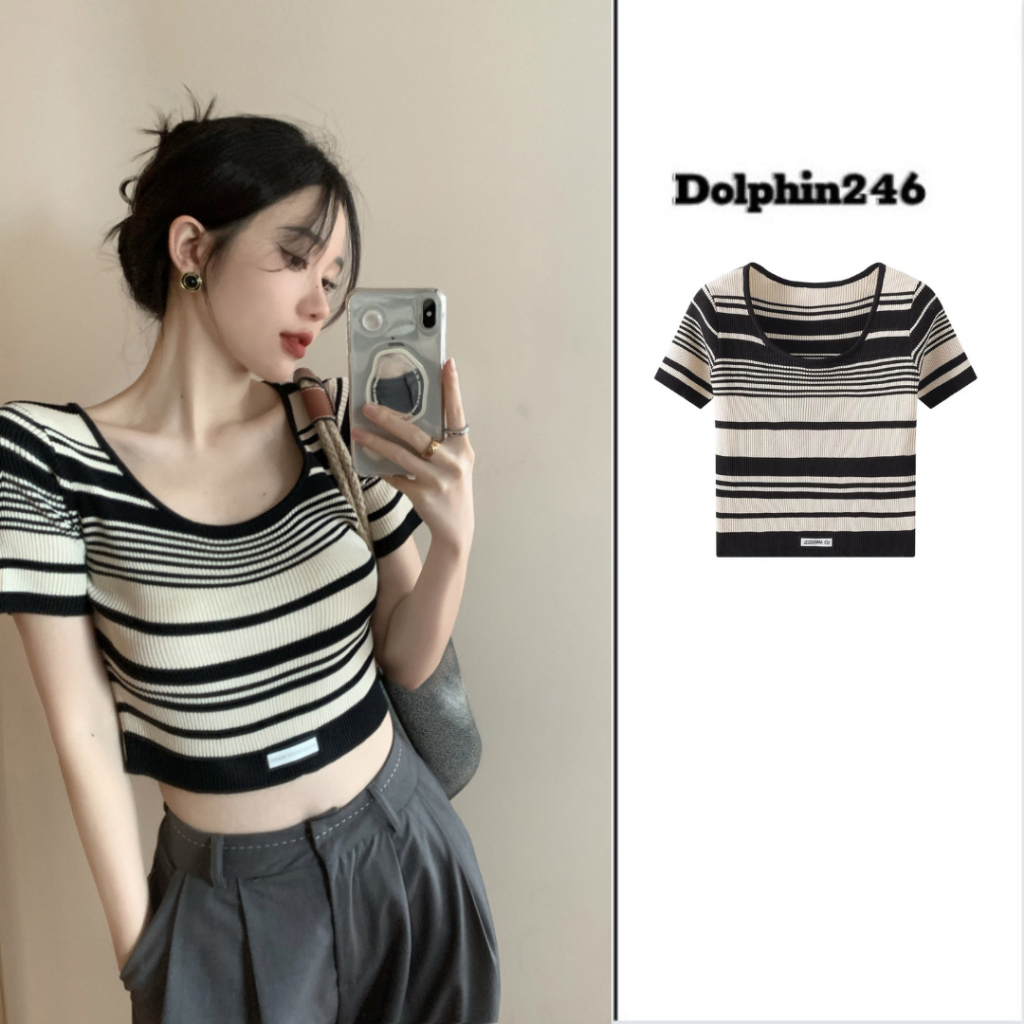 Áo len nữ ngắn tay dệt kim mongtoghi croptop mỏng họa tiết kẻ sọc đen trắng nổi bật kiểu Hàn Quốc hottrend M7 C2-22.1